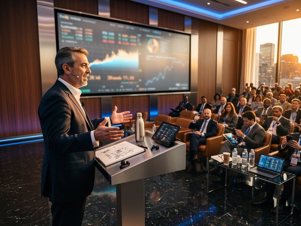Investors discuss crypto charts on screens at Forbes 2026 Crypto Summit in modern auditorium with tiered seating and professional atmosphere