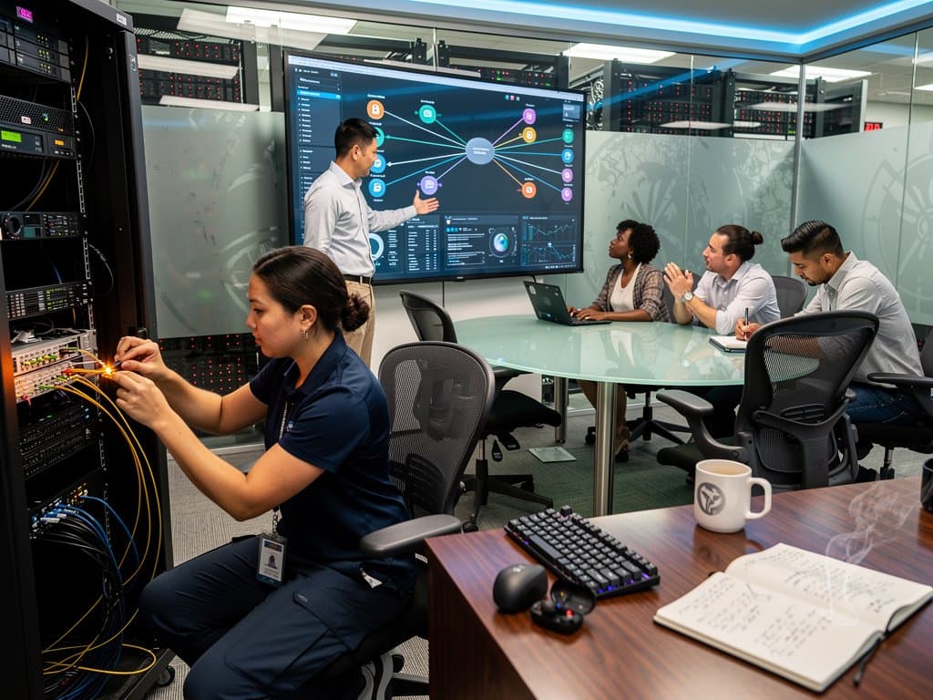 Analysts review agentic AI decision trees on screens in modern DoD CDAO center with servers and data hall