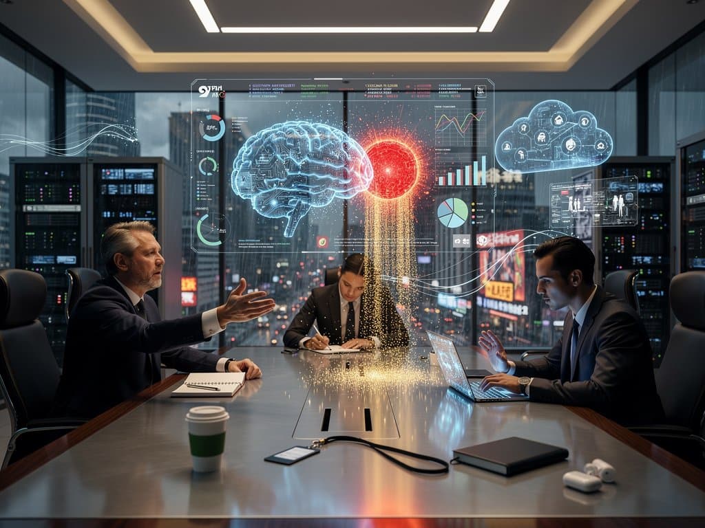 Digital clash of OpenAI and Anthropic AI networks with enterprise data, crypto charts, and Fear & Greed Index in futuristic boardroom