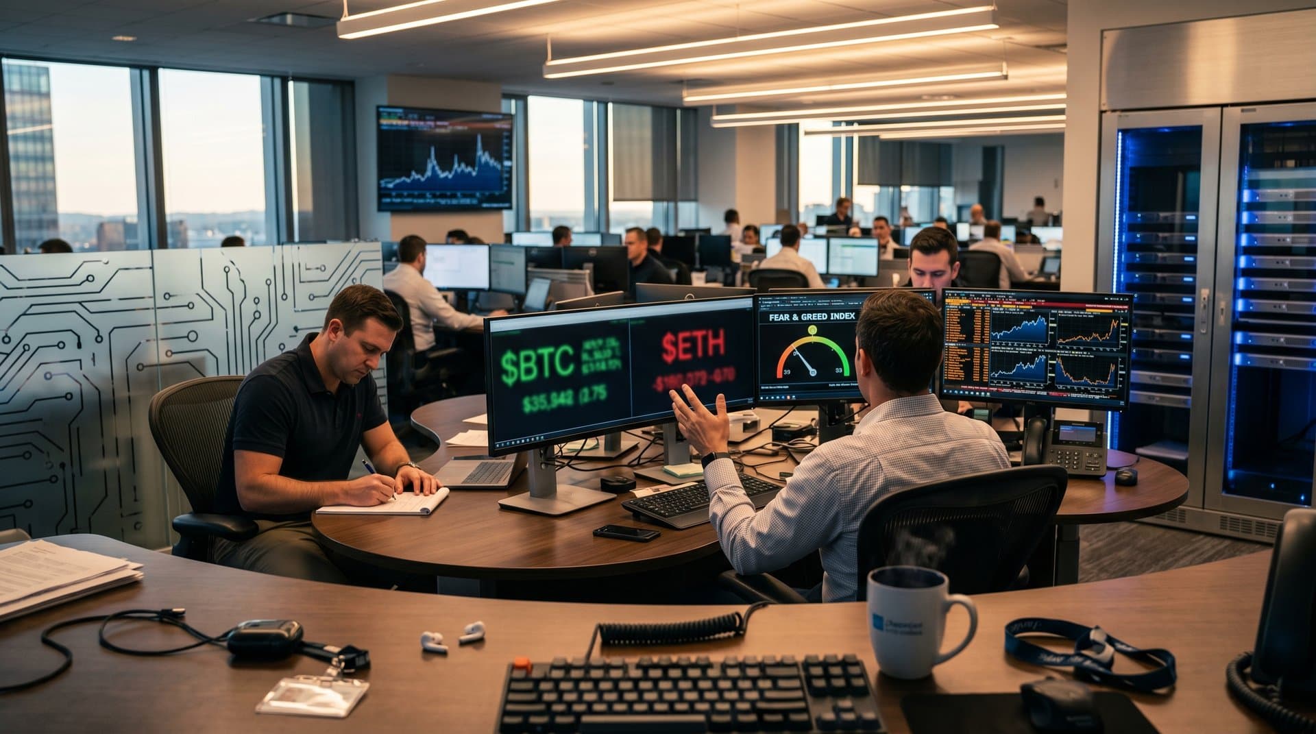 Multi-monitor trading desk displays crypto charts including Bitcoin at $74,888 and Fear & Greed at 23 in modern Schwab institutional office
