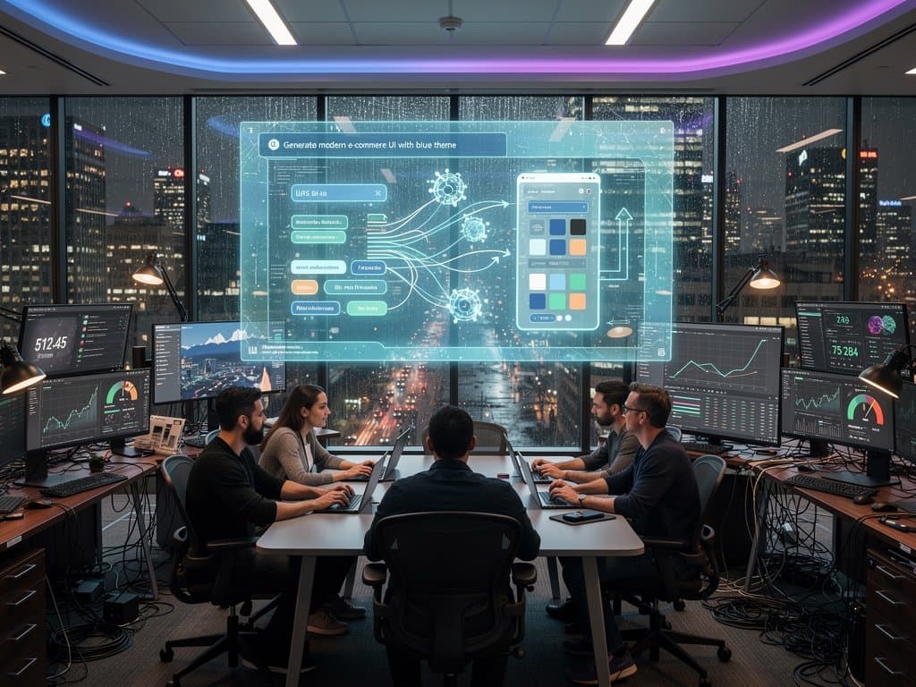 Abstract AI-generated UI prototypes on digital canvas with prompts, Adobe Figma elements, Fear & Greed at 23, futuristic tech scene