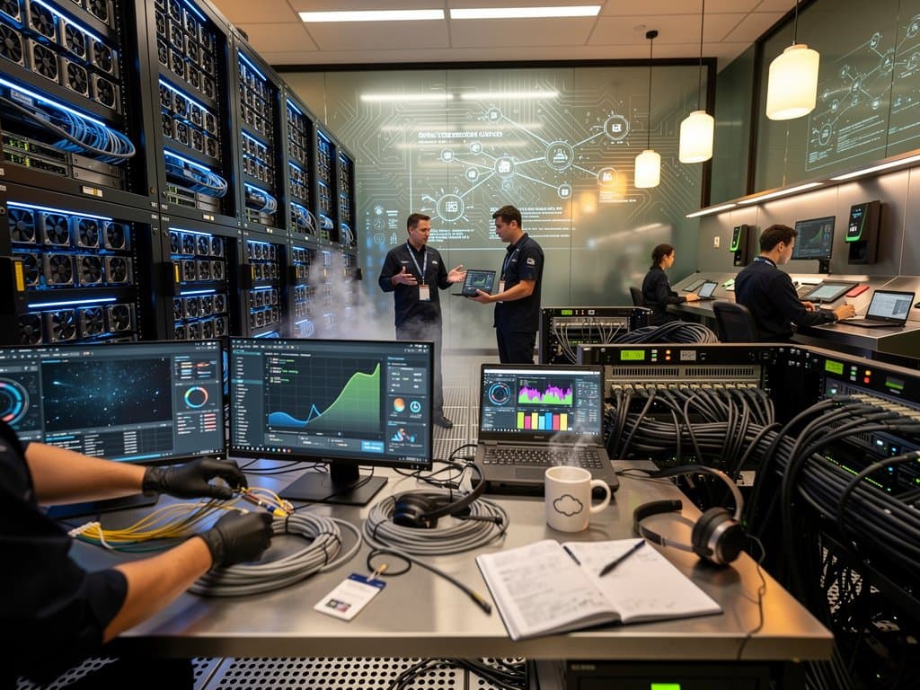 Futuristic Tier IV data center with glowing GPU racks, AI dashboards on workstations, fiber cables, and holographic network displays in blue LED lighting