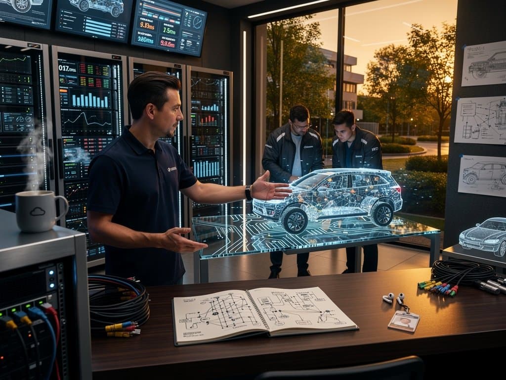 High-tech Microsoft Azure lab with server racks, Bloomberg terminals, and AI visualizations of Stellantis vehicles under blue LED lighting