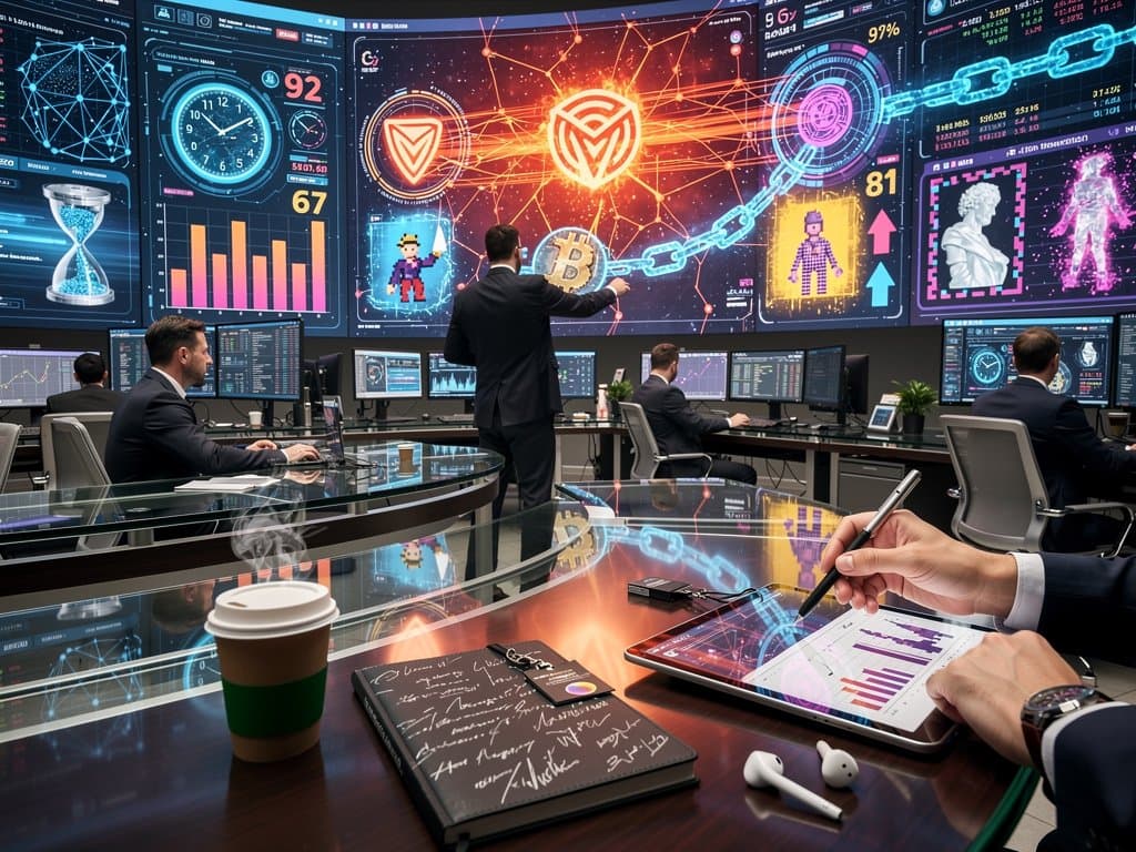 AI neural networks analyzing trademark logos with similarity heatmaps, blockchain and crypto elements in neon cyberpunk style