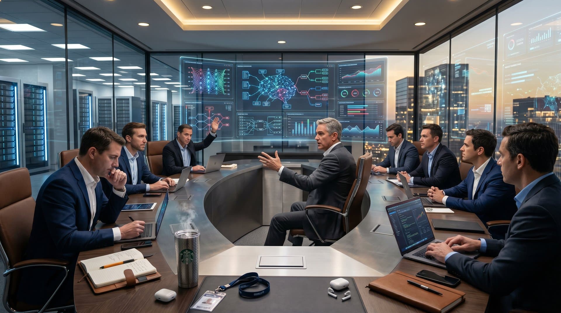 Enterprise executives review AI models and crypto charts in cloud HQ boardroom with holographic displays and data center views