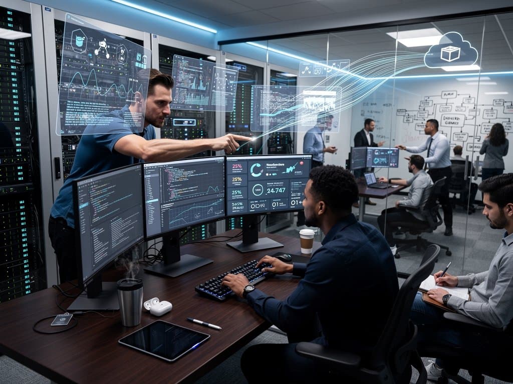 Engineer at desk with monitors showing Git branches and cloud metrics in glowing data center