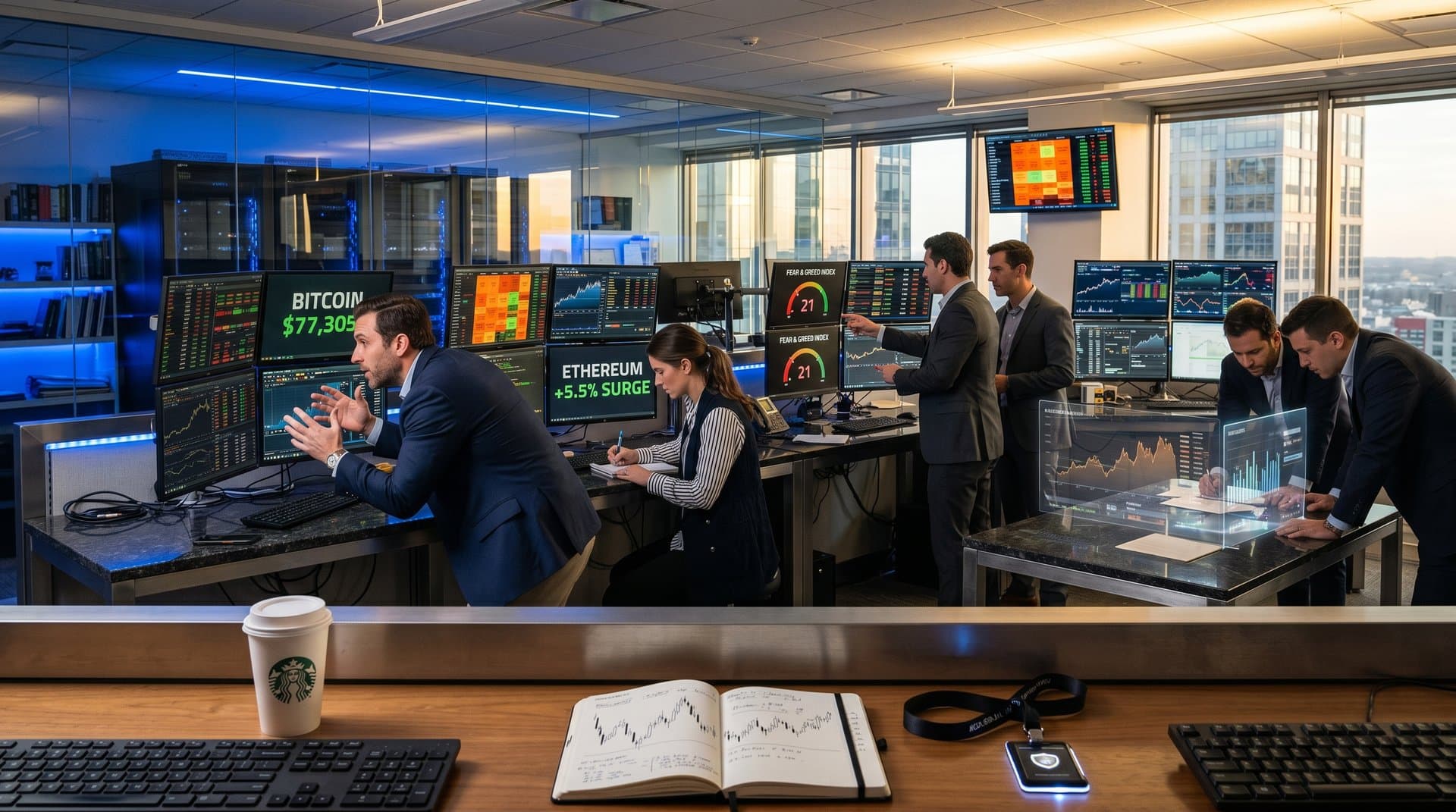 Trading terminals display AI market whiplash with Bitcoin surge, Fear & Greed at 21, and crypto volatility charts