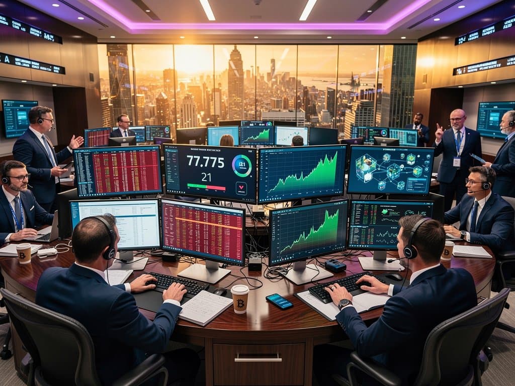 Trading screens with Fannie Mae AI governance framework data, Bitcoin at $77,775, crypto fear index, and blockchain tokenized assets