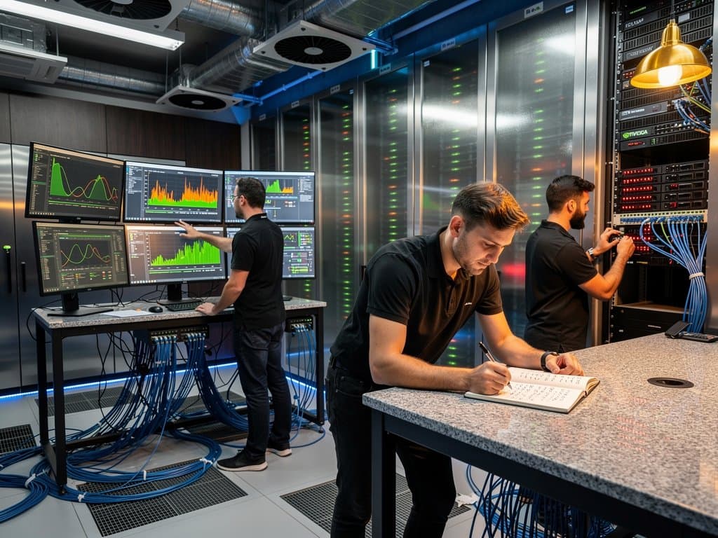 High-tech data center with server racks, AI metrics on monitors, cables and GPUs in modern environment