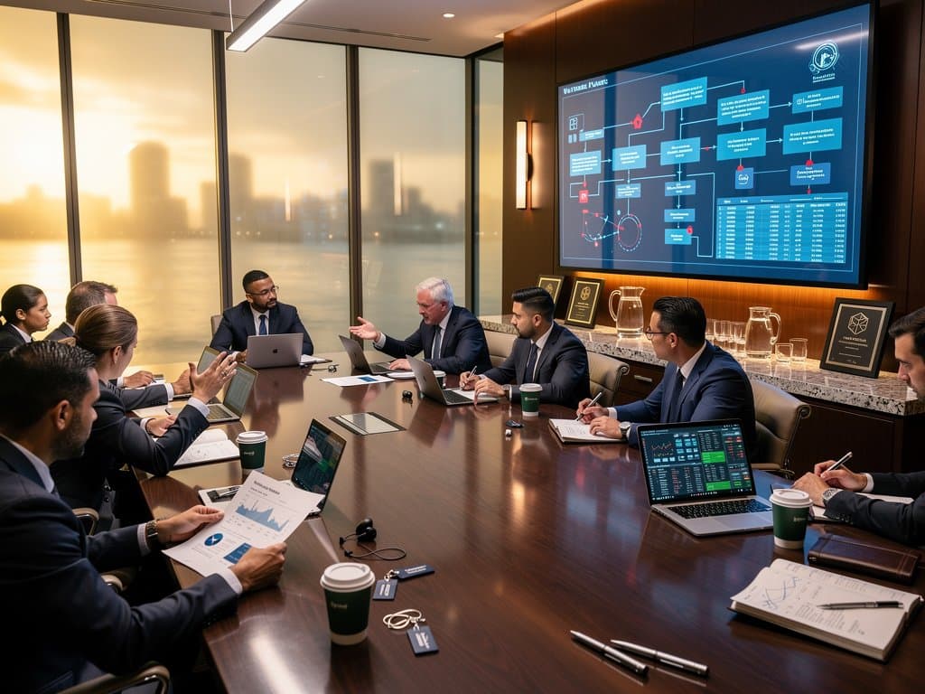 Modern boardroom with AI governance flowcharts on screens, financial reports, and Bloomberg terminals