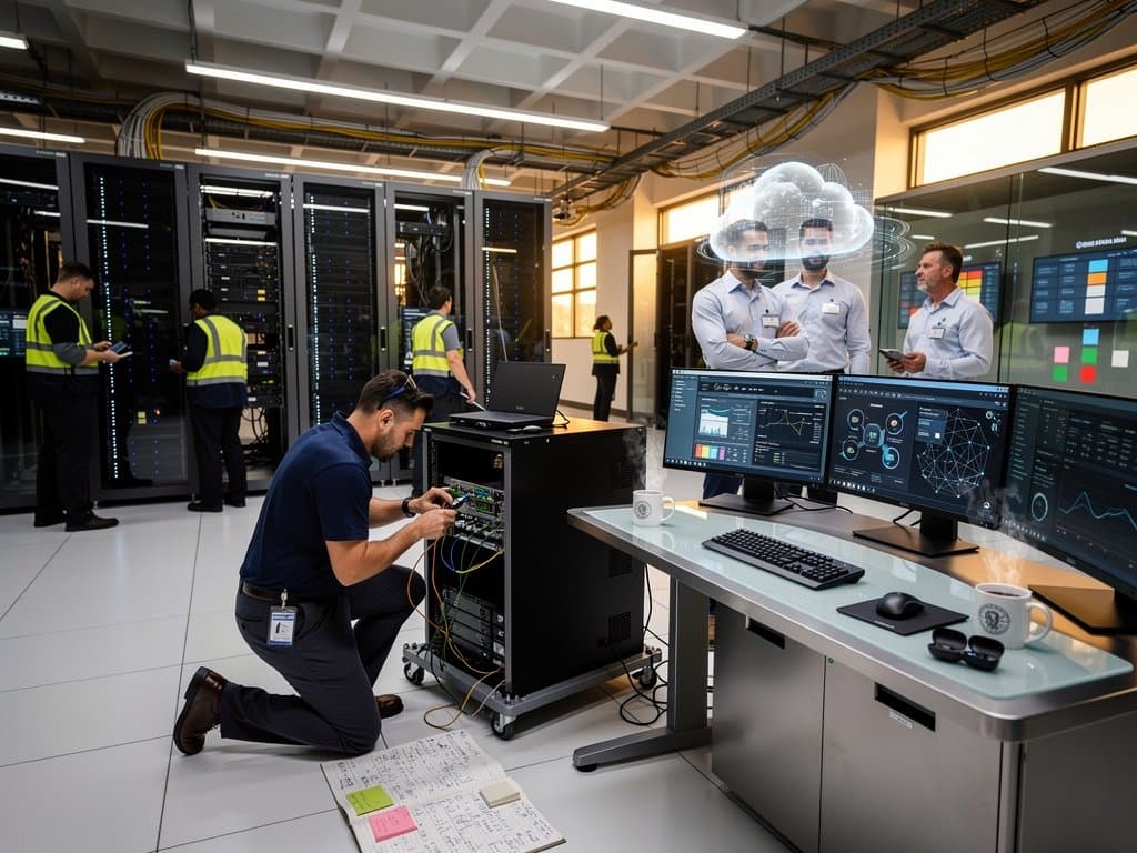 Engineer monitors AI dashboards on dual screens amid server racks in federal cloud operations center