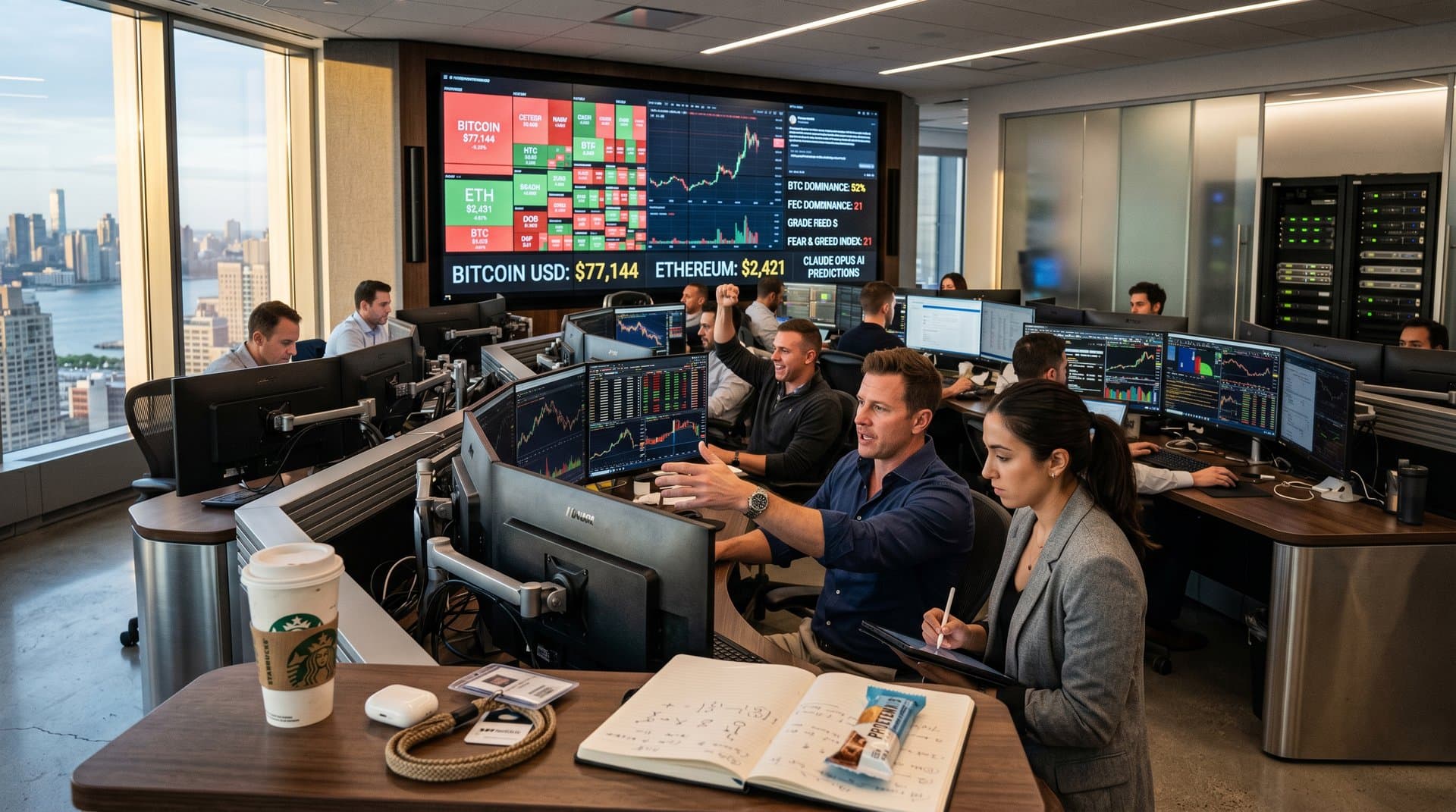 Modern trading floor with monitors showing crypto prices like Bitcoin at $77,144 and AI analytics during volatile markets