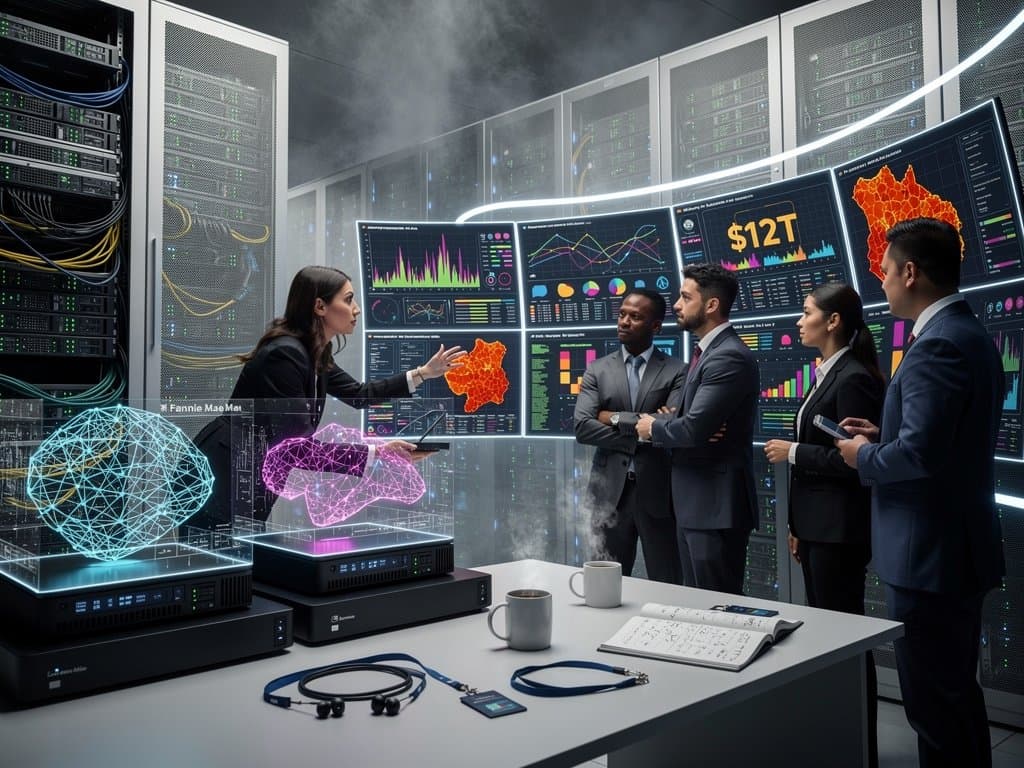 Analysts review Fannie Mae AI framework mortgage models in high-tech data center with server racks and risk dashboards