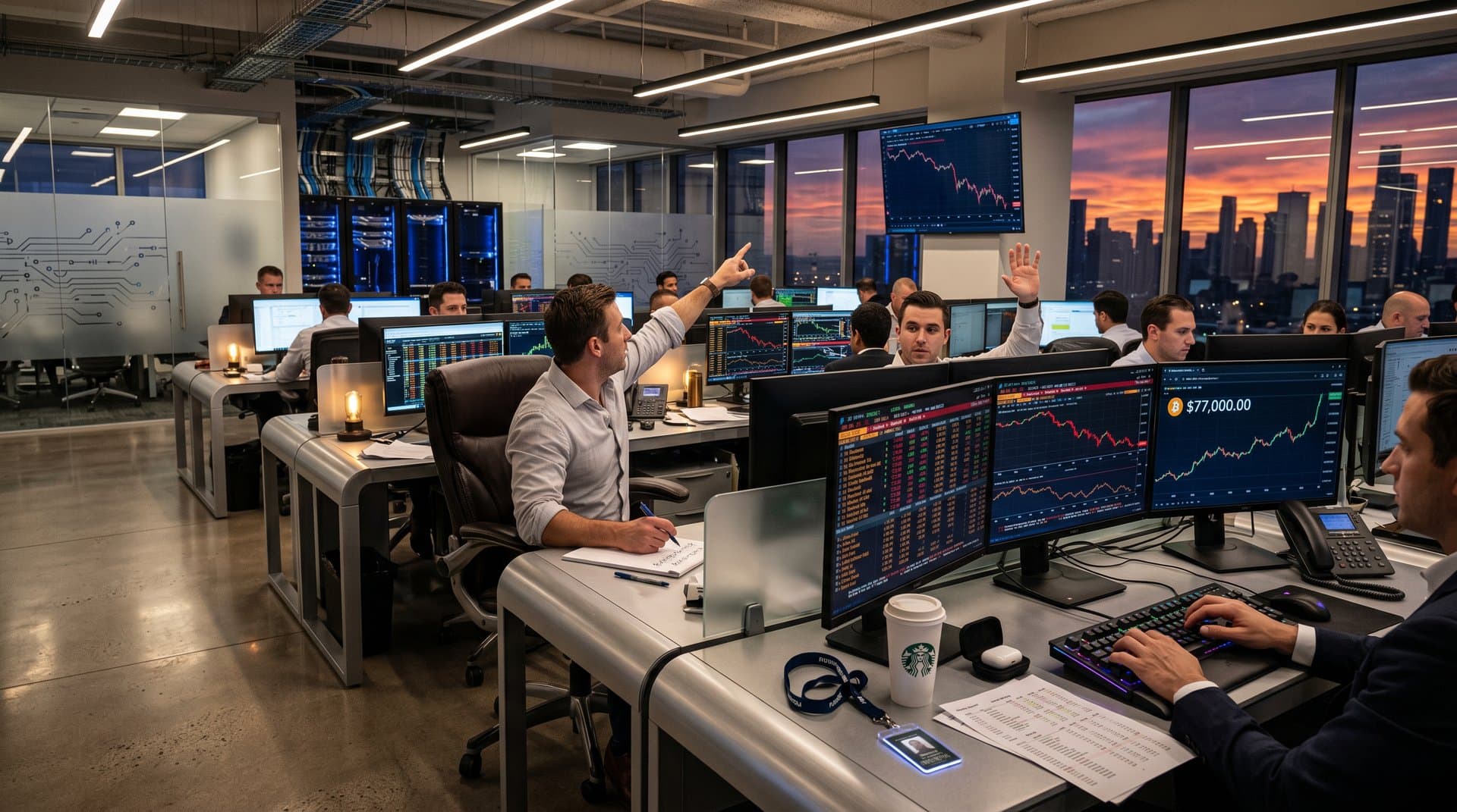Trading floor screens show AI sell-off charts and crypto rebounds in modern financial hub