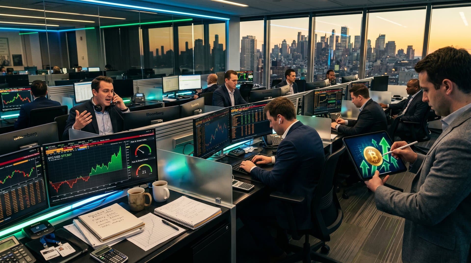 Trading floor terminals show Bitcoin charts at $77,507 and Fear & Greed Index at 21 against NYC skyline