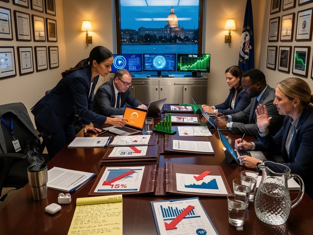 Analysts review Wisconsin crypto kiosk law documents and Bitcoin charts in state capitol conference room