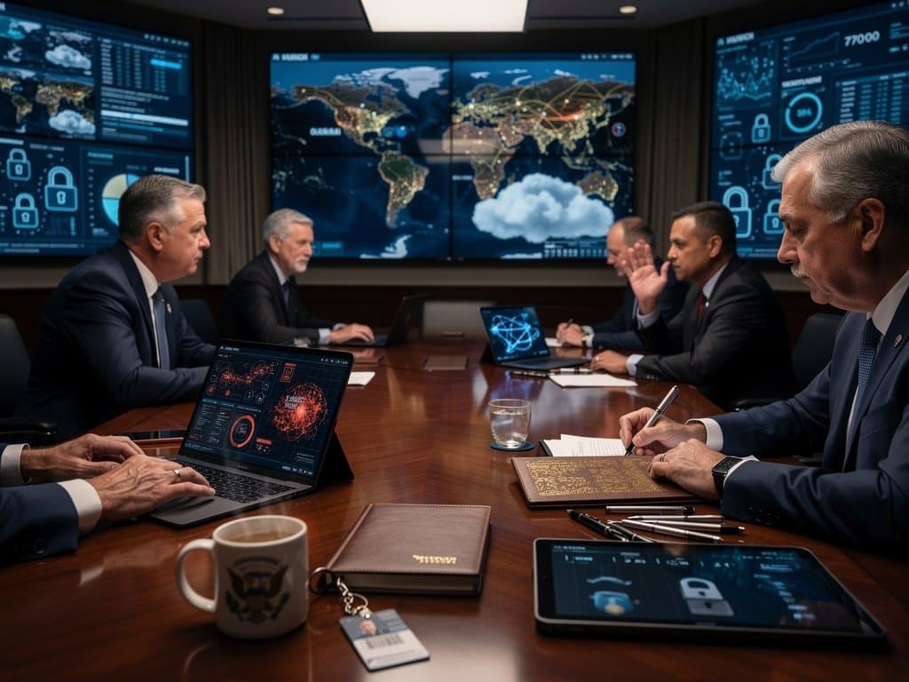 Conference table with AI safety charts, laptops, and briefing materials in a professional government room under warm lights