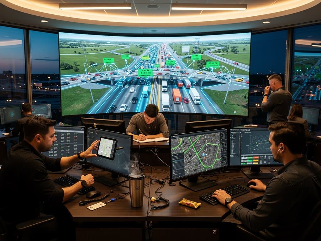 AI-generated 3D highway digital twin with data synthesis heatmaps and predictive alerts in cyberpunk neon style