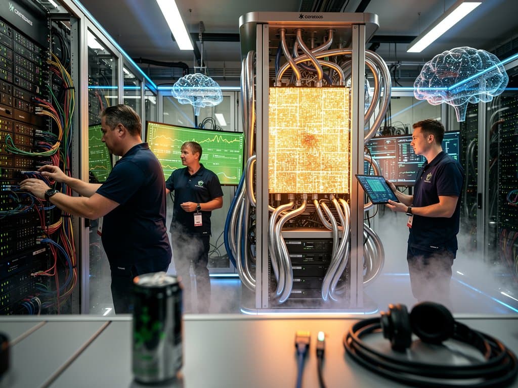 Glowing wafer-scale AI chip in modern data center with cooling systems and performance monitors