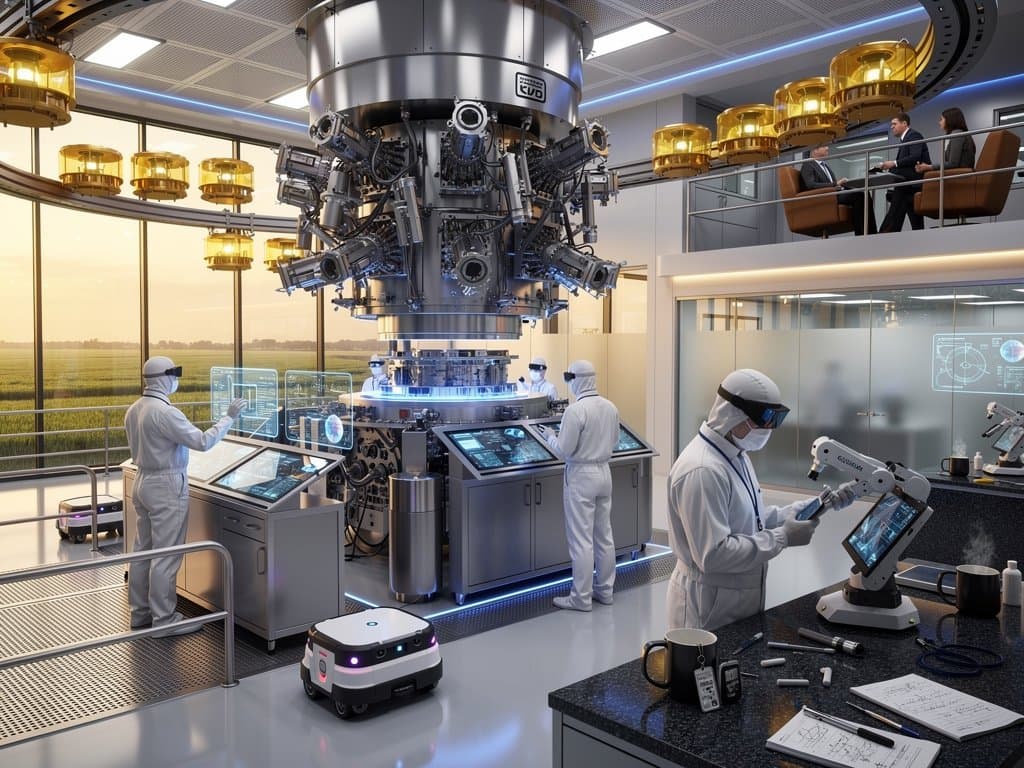 ASML EUV lithography machine in high-tech cleanroom with robotic wafer handlers and glowing process pods