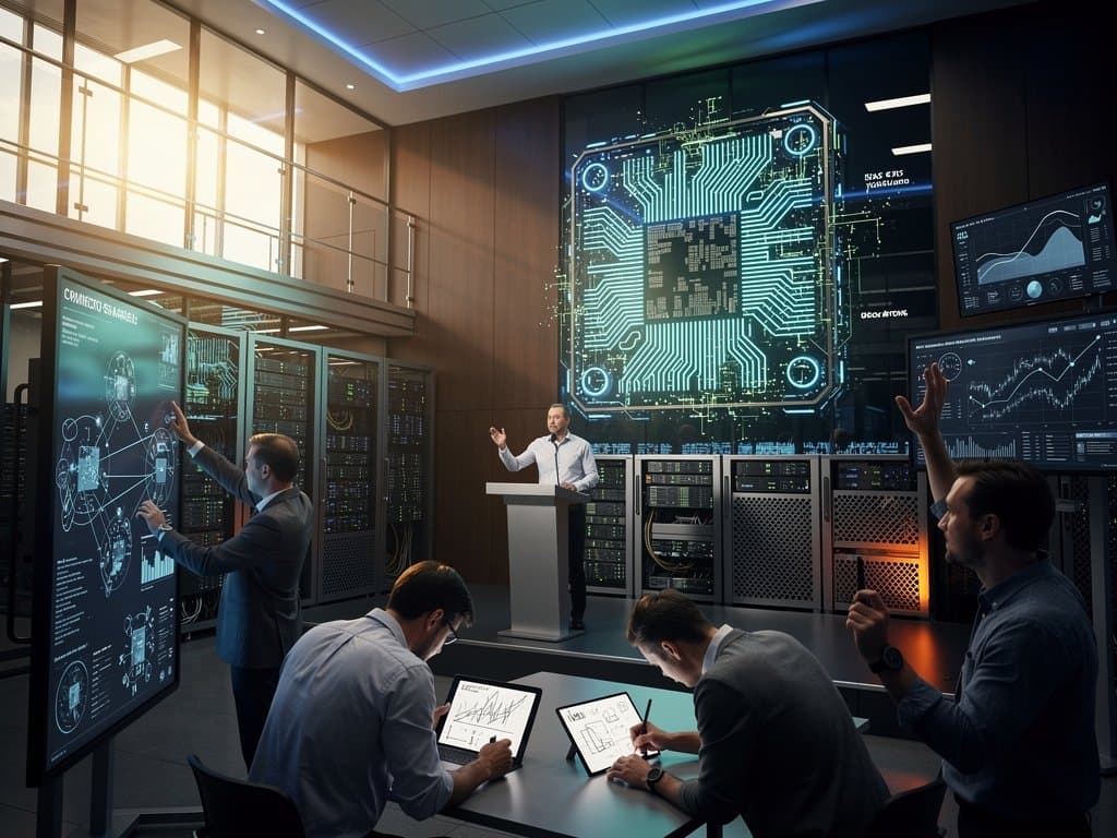 Glowing wafer-scale AI chip with neural networks, stock tickers, and data center elements symbolizing Cerebras IPO challenge to Nvidia