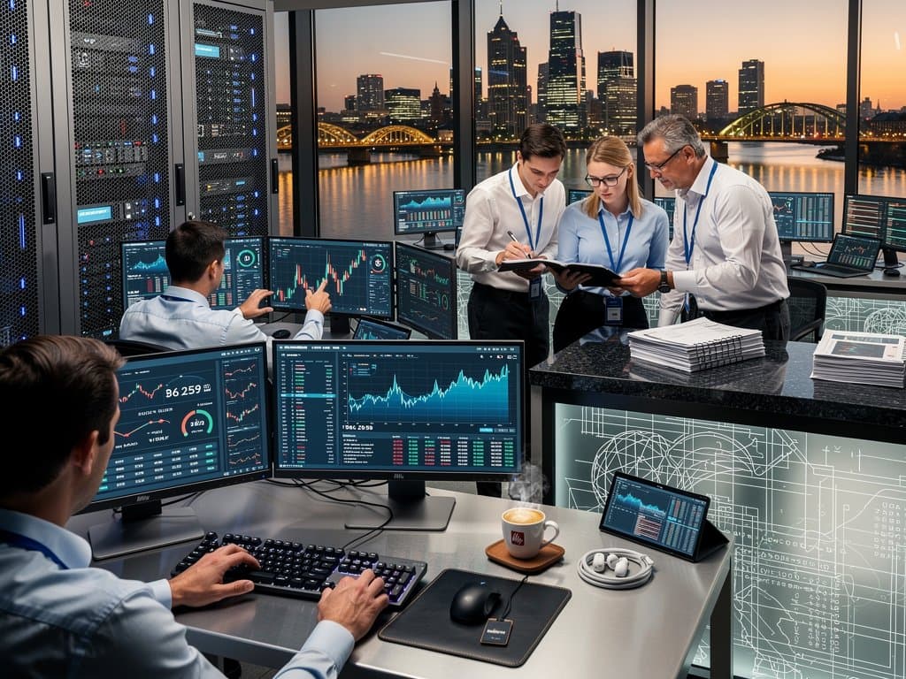 Modern treasury operations room with AI dashboards, blockchain graphs, and crypto price monitors