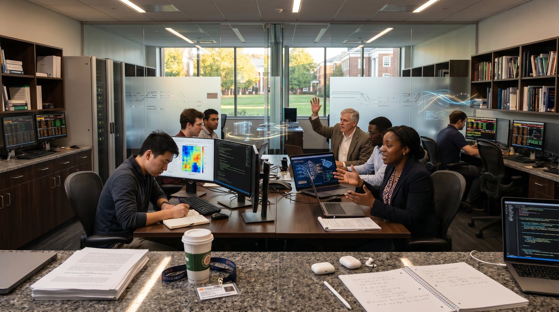 Researchers at multi-monitor desks in modern AI lab view neural nets and blockchain code amid collaborative discussions