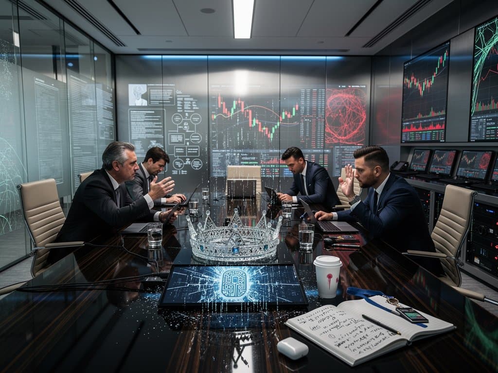 Shattered crown over ChatGPT logo with crypto charts and neural networks in tense boardroom scene