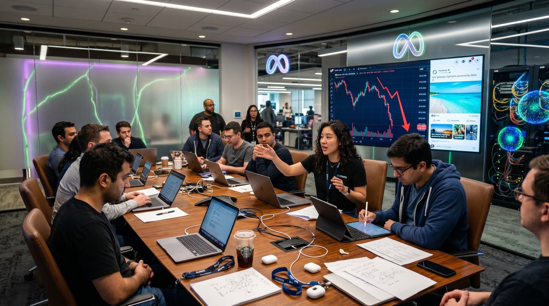 Futuristic Meta office screens displaying AI-generated Facebook posts with crypto charts and vacation images under blue LED lighting
