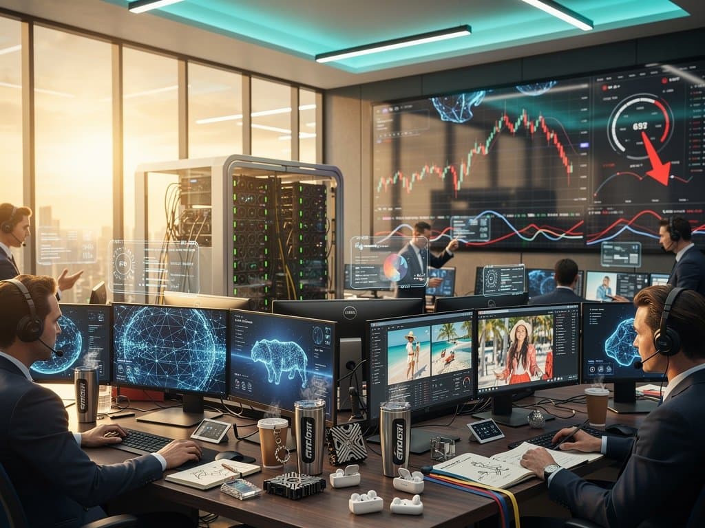 Neural network visualization of AI generating Facebook posts over cloud servers and crypto charts