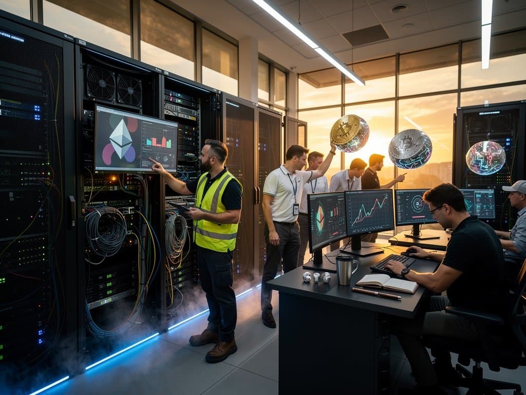 Engineer adjusts blockchain server in data center with Ethereum dashboards on monitors