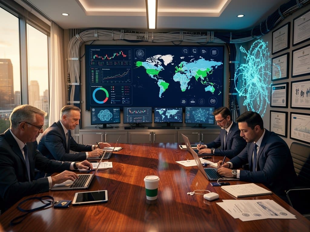 Conference room with White House documents, AI diagrams, cloud charts, and crypto market screens in professional setting
