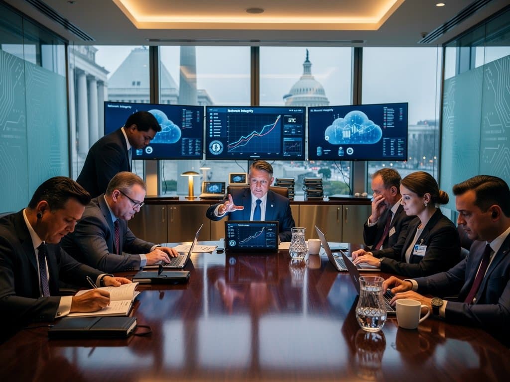 Conference room with laptops showing AI diagrams, policy documents, and crypto charts during White House-Anthropic talks