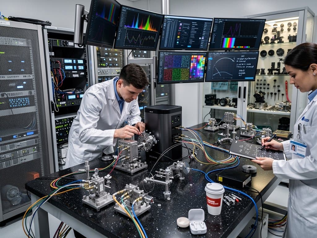 Tunable laser array on optical table with spectrum monitors and fiber optics in quantum lab