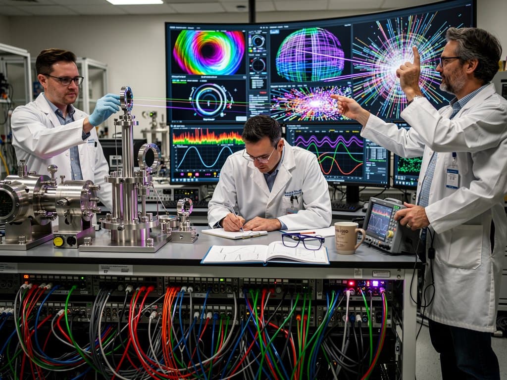 Photonics lab with glowing tunable lasers spanning 400-1700nm, fiber optics, and spectral displays illustrating NIST spectrum-spanning technology