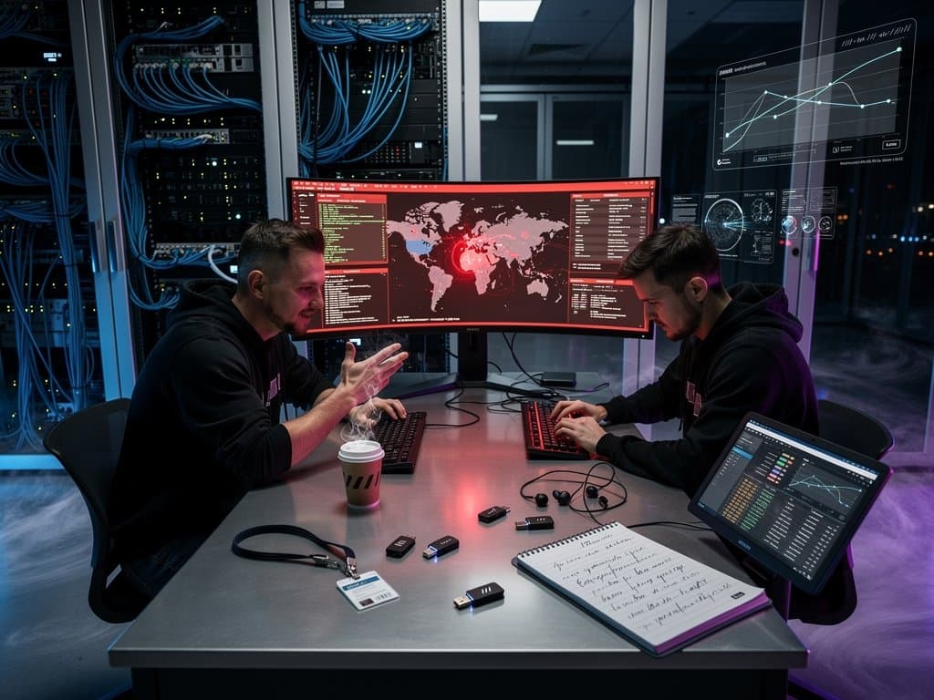 Monitors display security alerts amid server racks in a high-tech data center control room