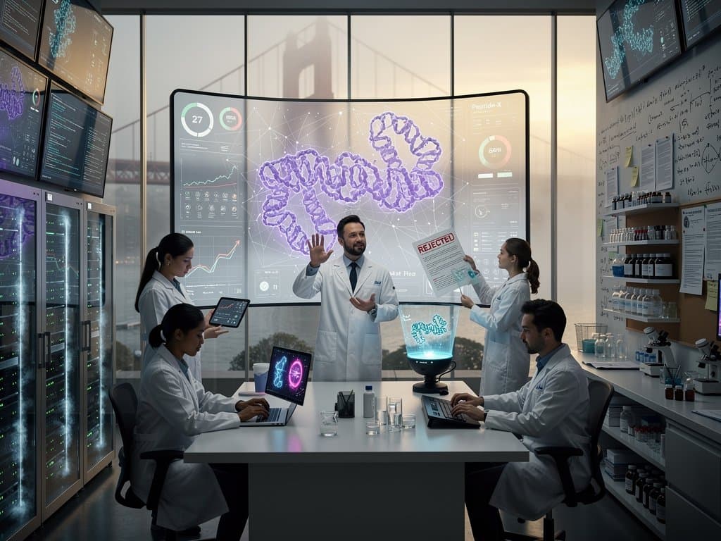 3D peptide molecule from cloud AI simulation with regulatory barriers and SF skyline in cyberpunk style