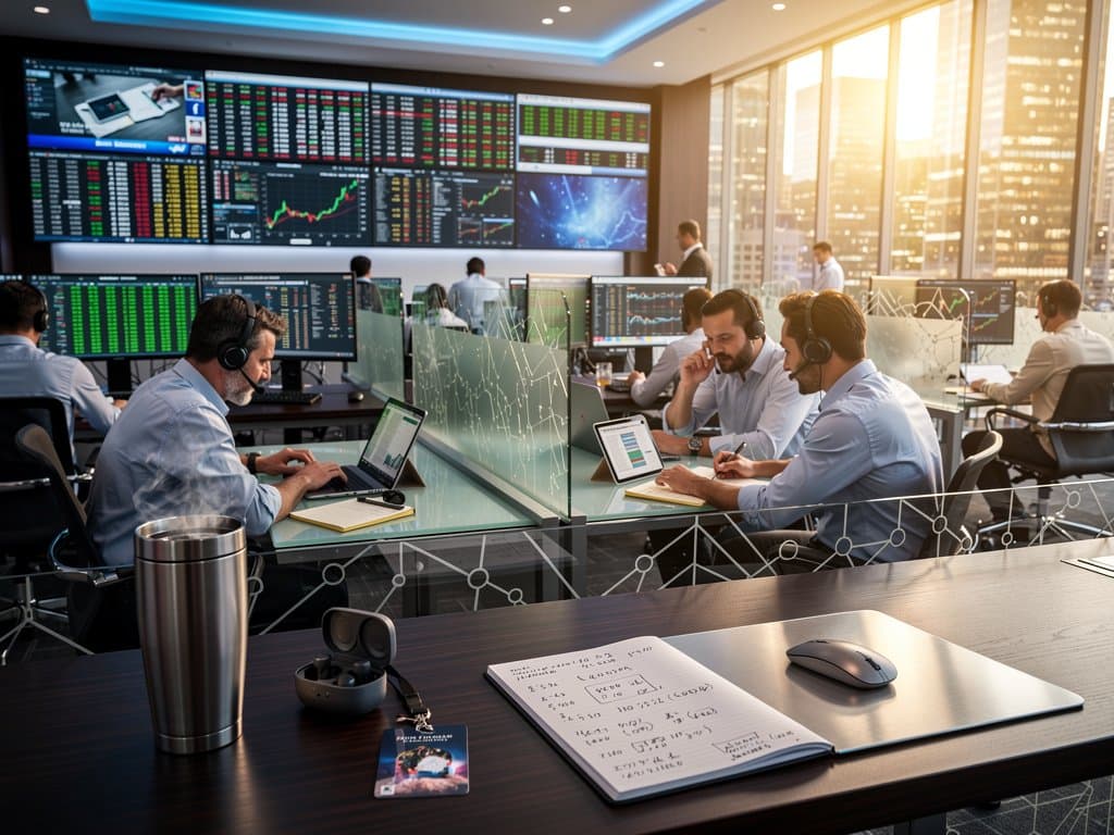 Trading floor with Bloomberg terminals displaying BTC charts and CLARITY Act headlines