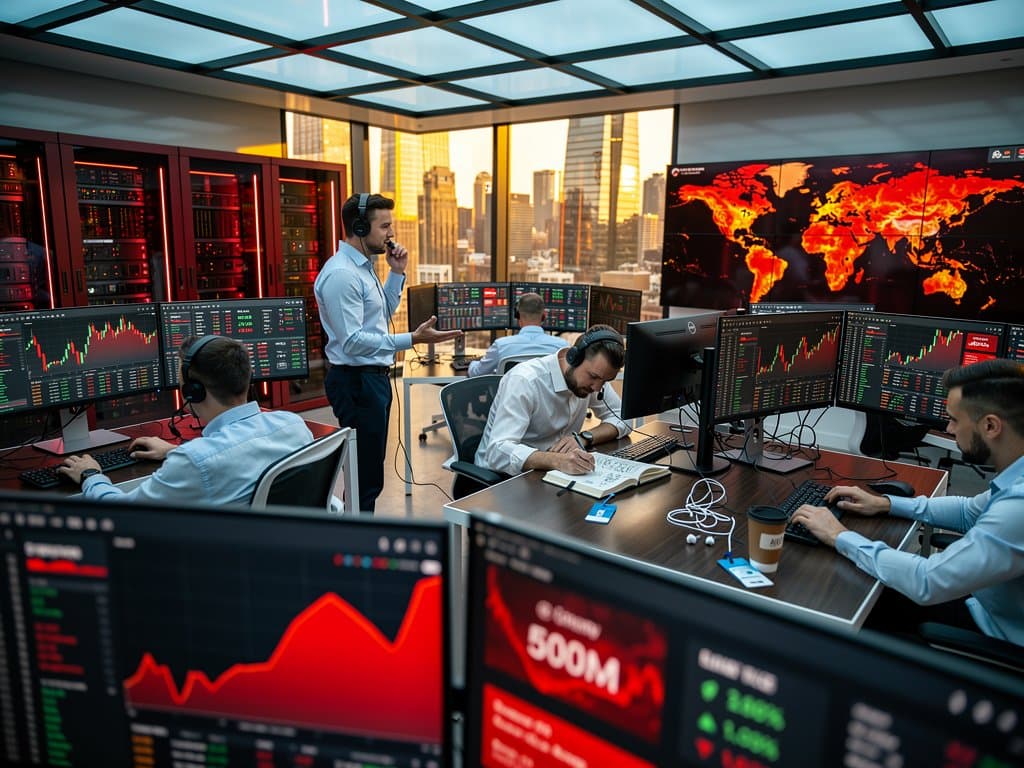 Traders scrutinize red crypto charts showing RAVE token 95% crash on multi-monitor trading floor with skyline view