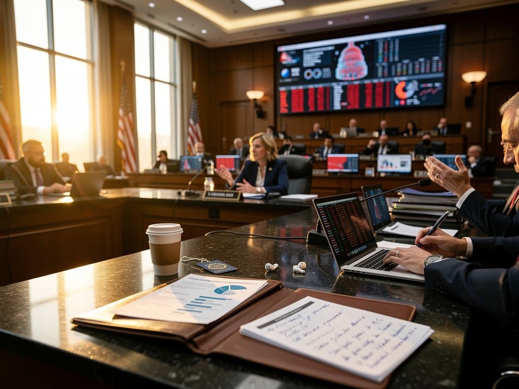 Modern Capitol hearing room with AI charts on laptops, Bloomberg Terminals showing crypto data, and policy graphics on screen amid staff briefing setup