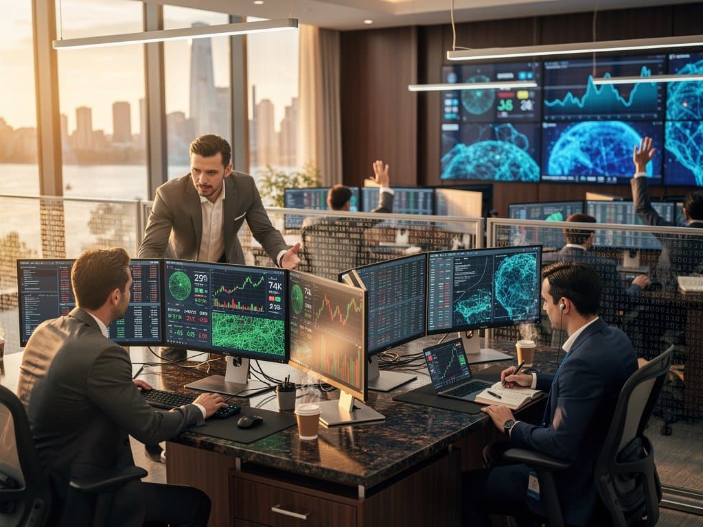 AI dashboards and crypto charts on screens in modern wealth management office overlooking skyline