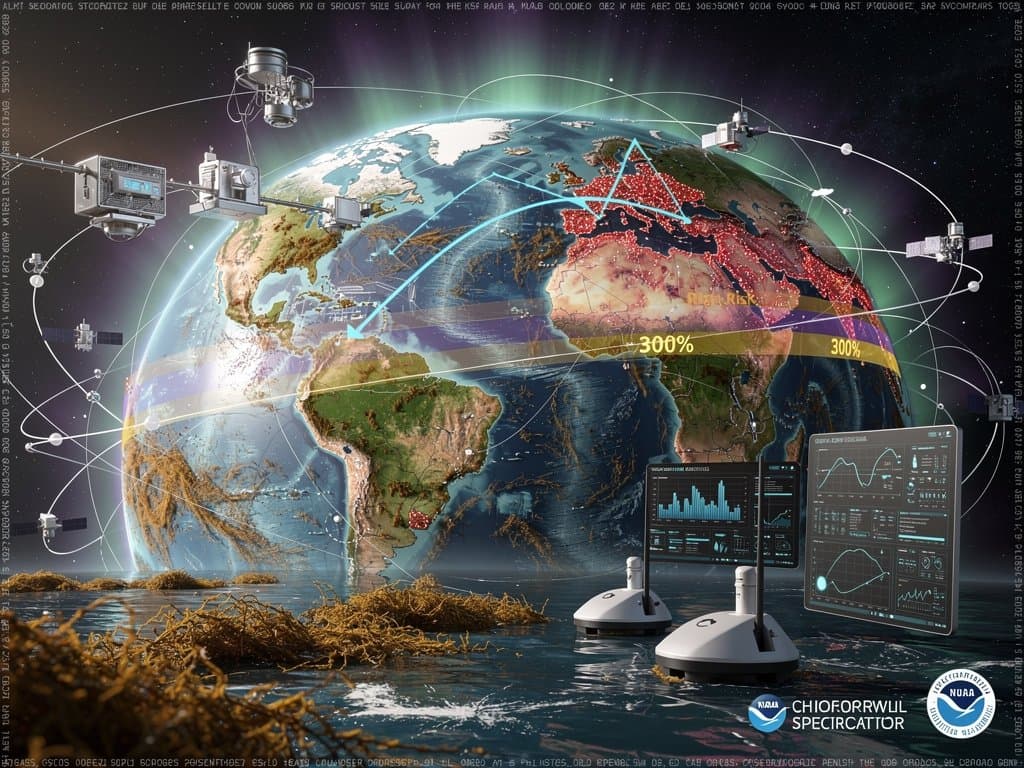 Satellite imagery of ocean algae blooms with AI detection overlays and cloud computing visualizations