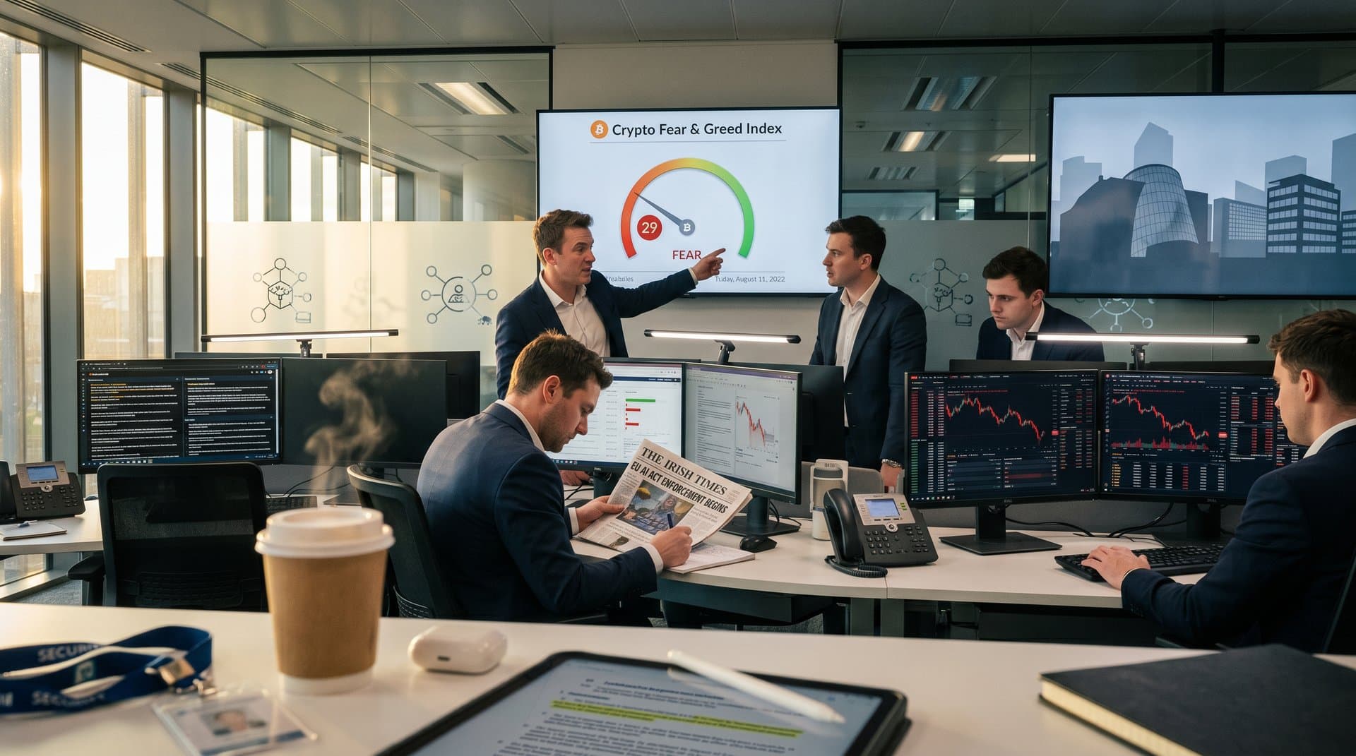 Digital abstract of AI networks merging with blockchain, Fear & Greed Index at 29, regulatory code elements in cyberpunk style