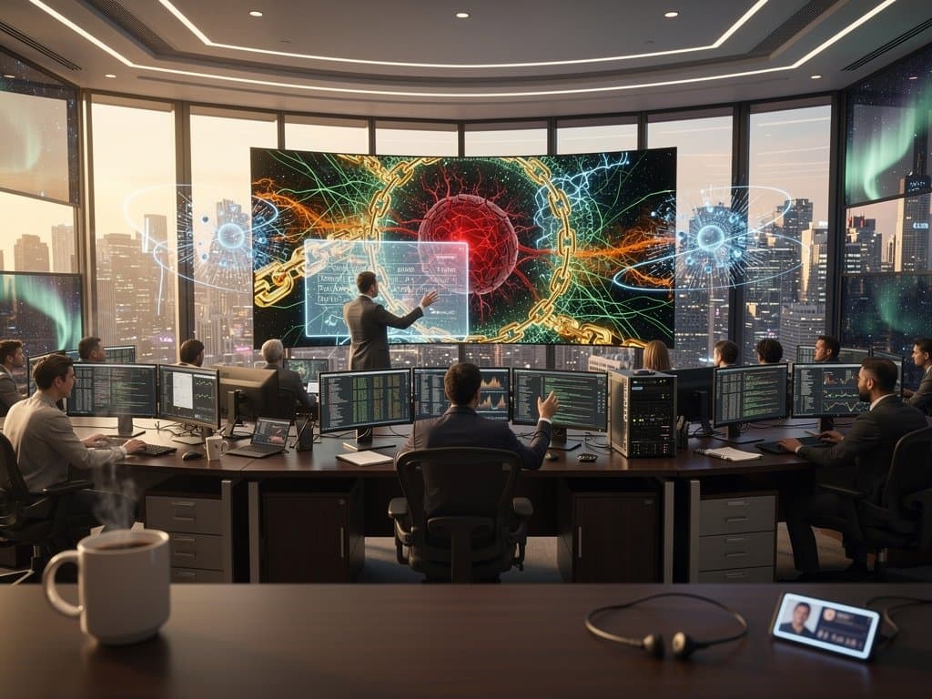 Abstract fusion of blockchain networks and neural AI structures in cyberpunk style, symbolizing decentralized resistance to centralized AI risks