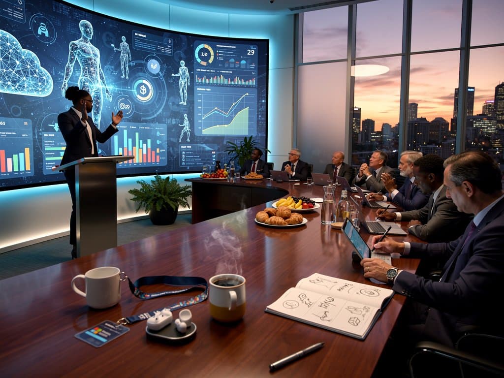 Conference room scene with AI diagrams on screen, market charts, and tech setup for Microsoft-ACTU summit