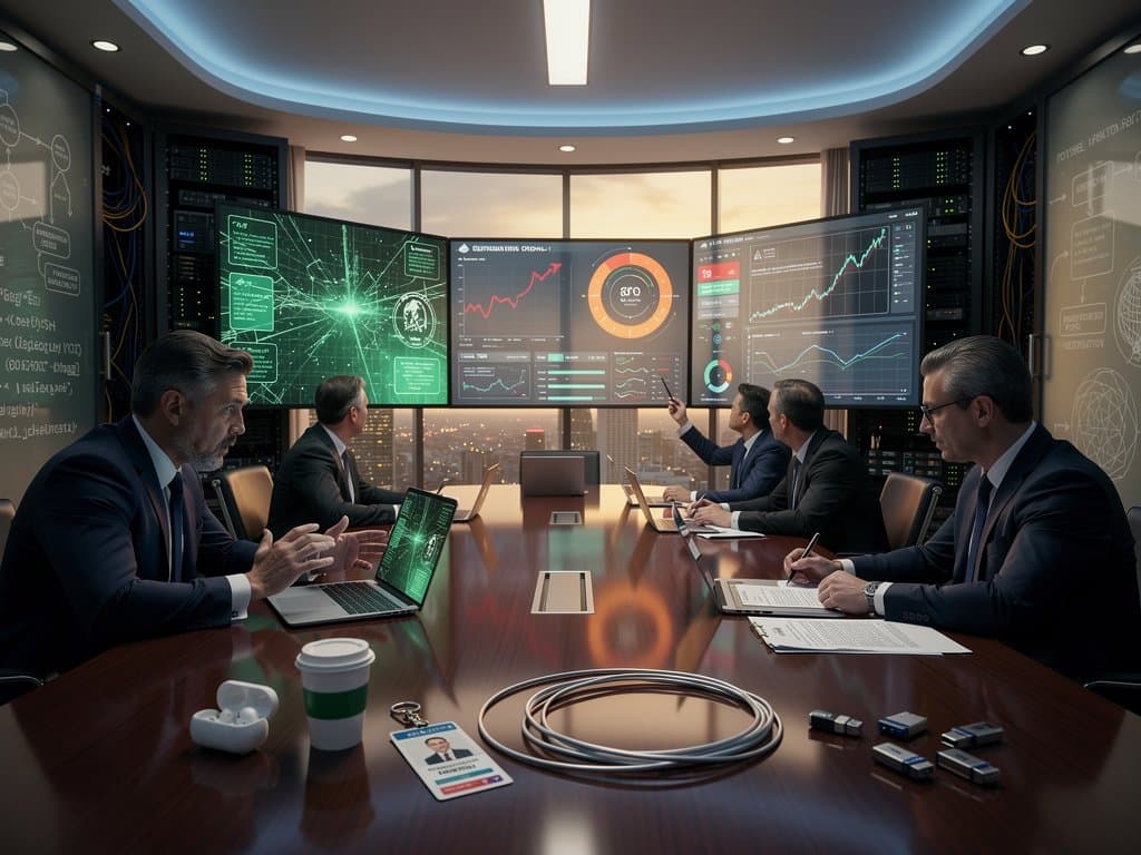 High-tech conference room displaying AI safety audits, blockchain logs, and market data amid policy discussions