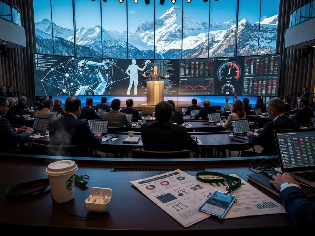 Conference podium with AI neural networks and Fear Index 29 amid executive silhouettes