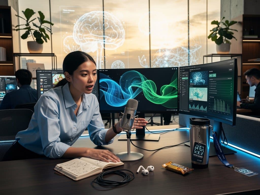 Tech workspace featuring AI voice synthesis waveforms, emotional graphs, and story scripts in contemporary setting