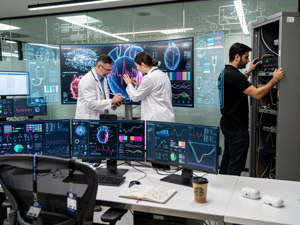 AI neural networks and medical charts on high-tech monitor in modern lab, symbolizing health tech innovation and regulation
