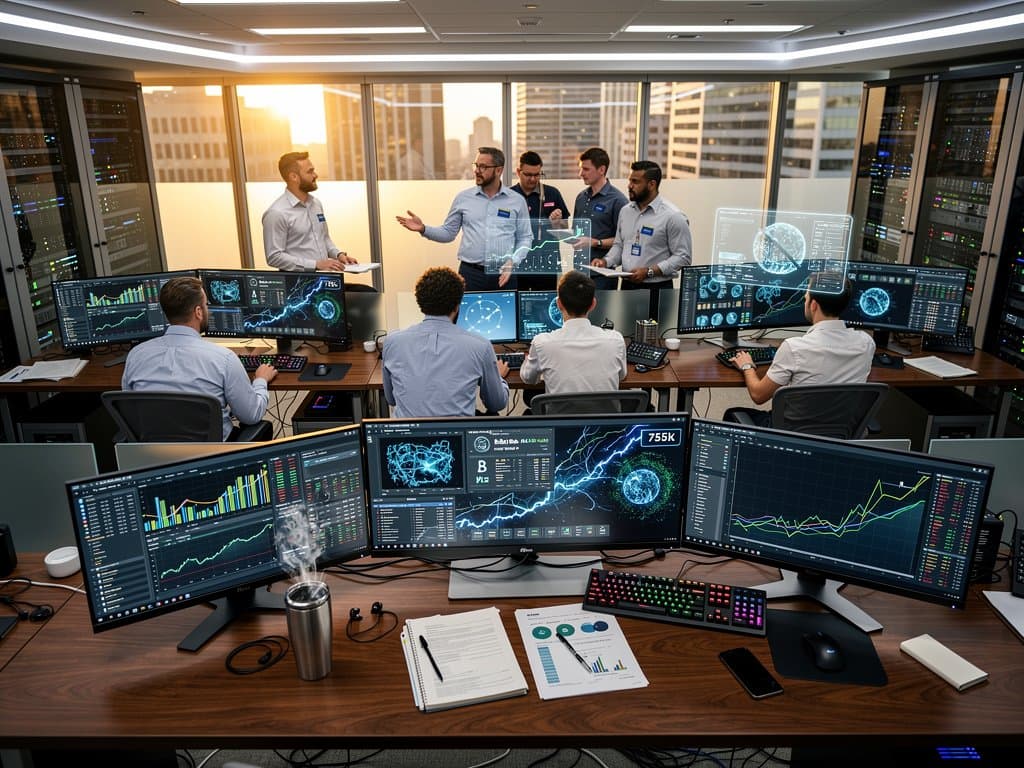 AI dashboards and crypto charts on Bloomberg terminals in Charlotte fintech office